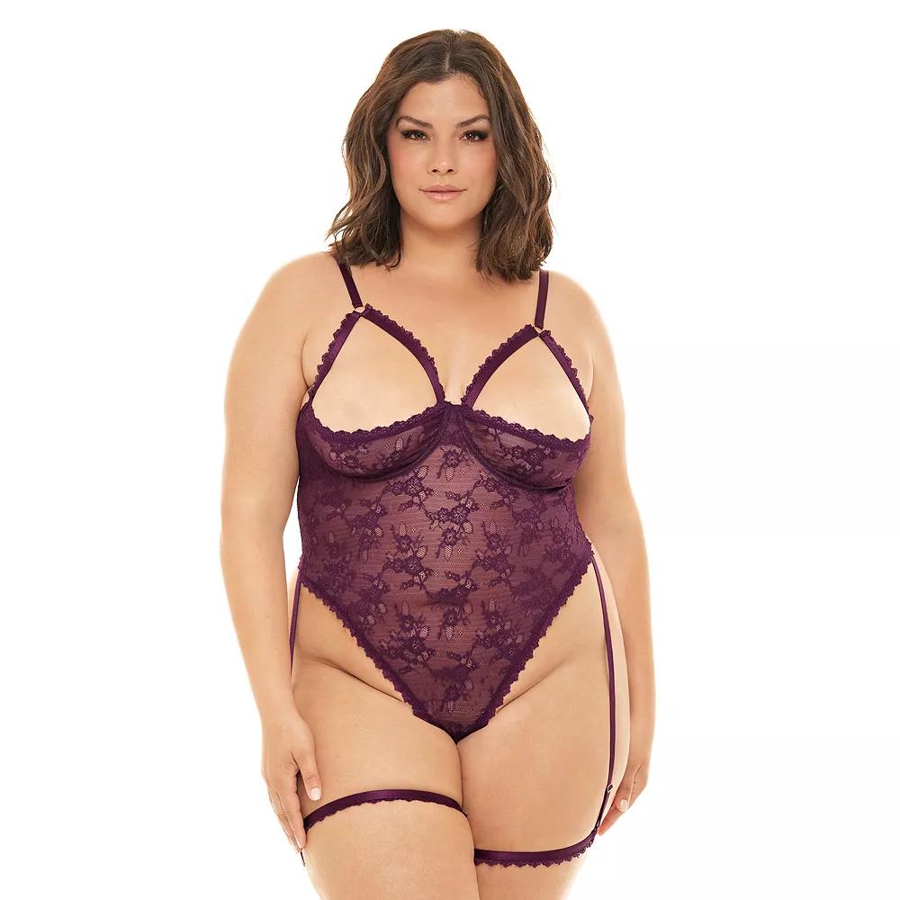 Plus Size Oh La La Cheri Elayne Open Cup Lace Bodysuit 52-11739X, Women's, Size: 1XL-2XL, Potent Purple Product Image