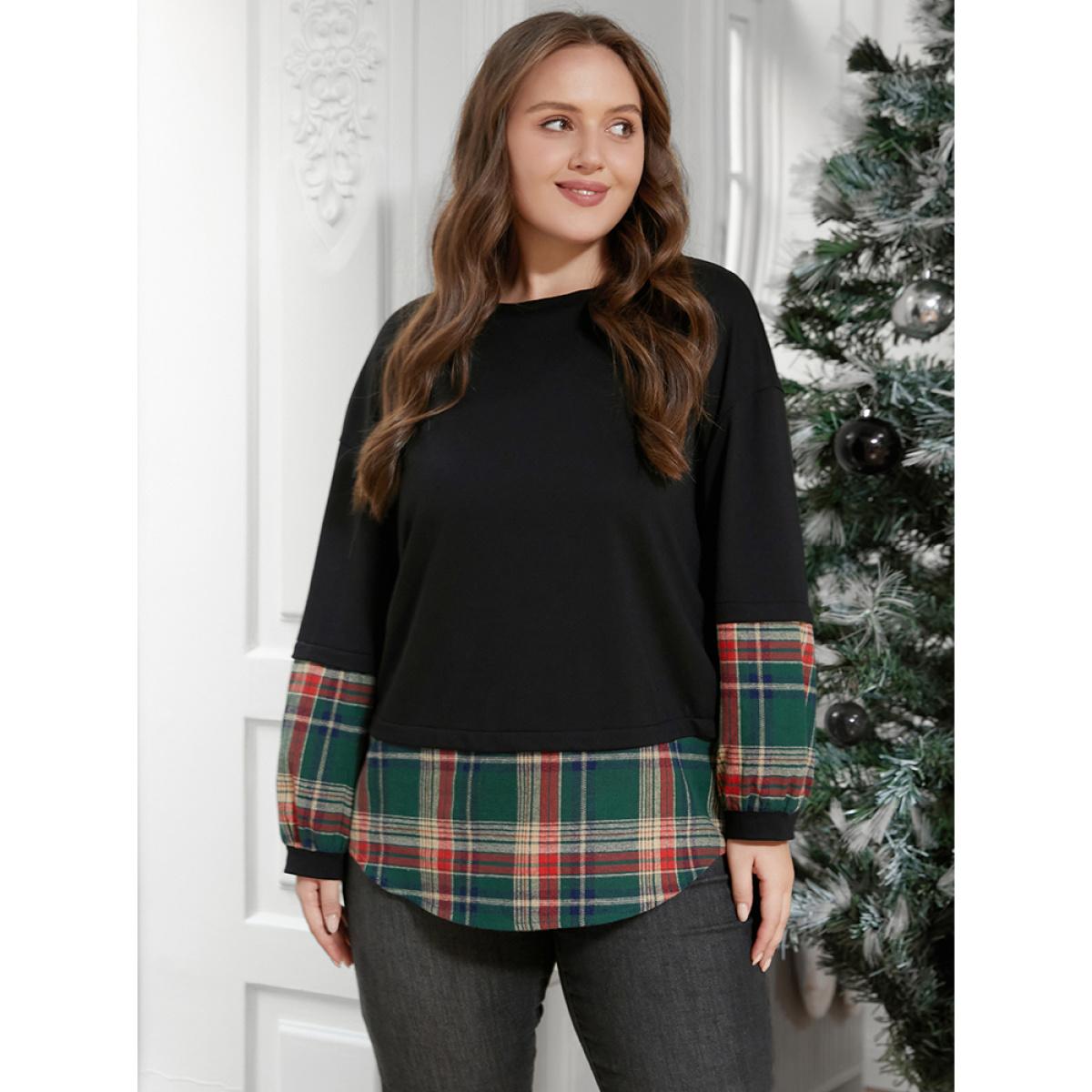 Plus Size Plaid Patchwork Arc Hem Drop Shoulder Sweatshirt Women DarkGreen Elegant Contrast Round Neck Dailywear Sweatshirts BloomChic 14-16/1X Product Image