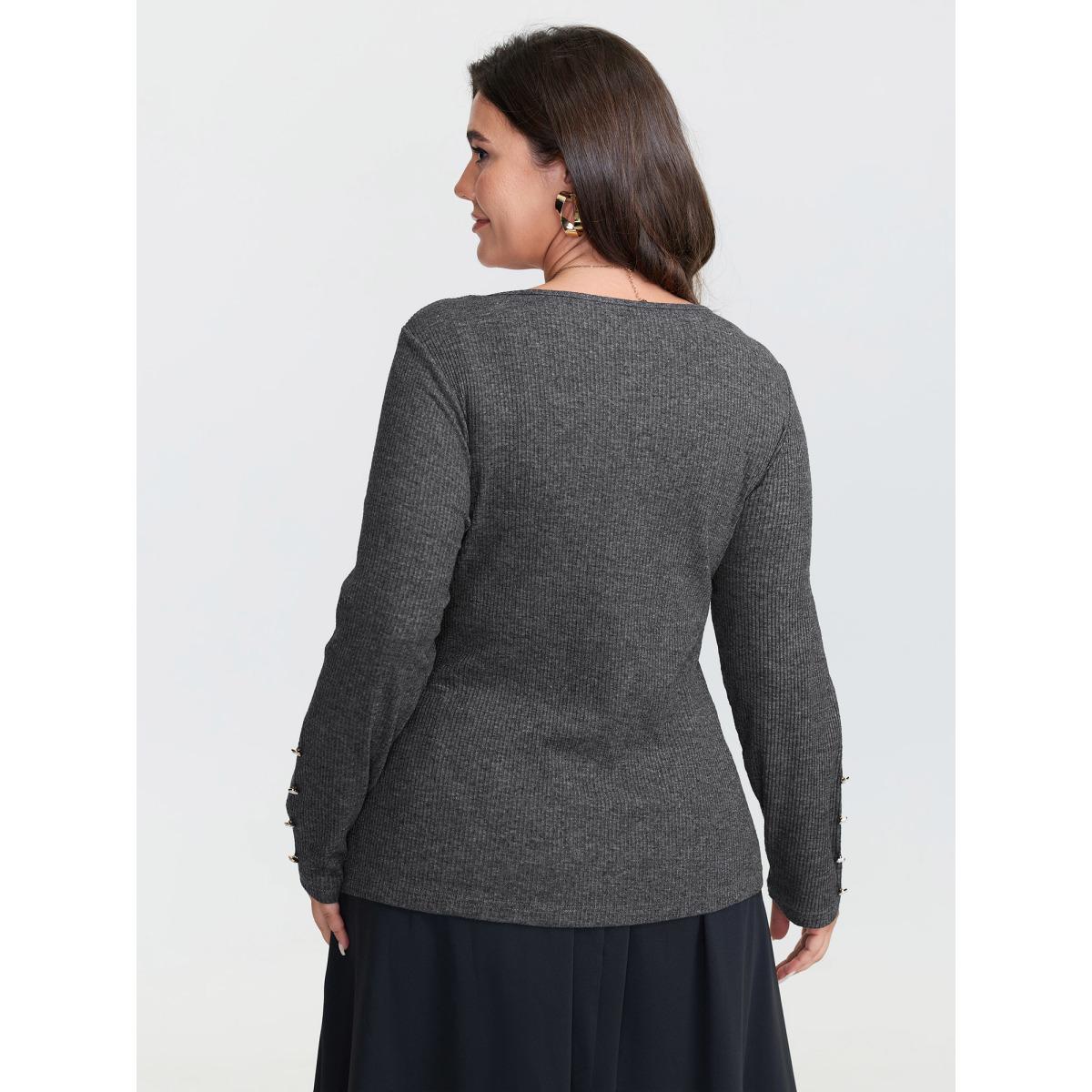 Plus Size Stretchy Cross Neck Cutout Ribbed Knit Top DimGray Women Timeless Twist V-neck Bodycon Elegant T-shirts BloomChic 28/5X Product Image