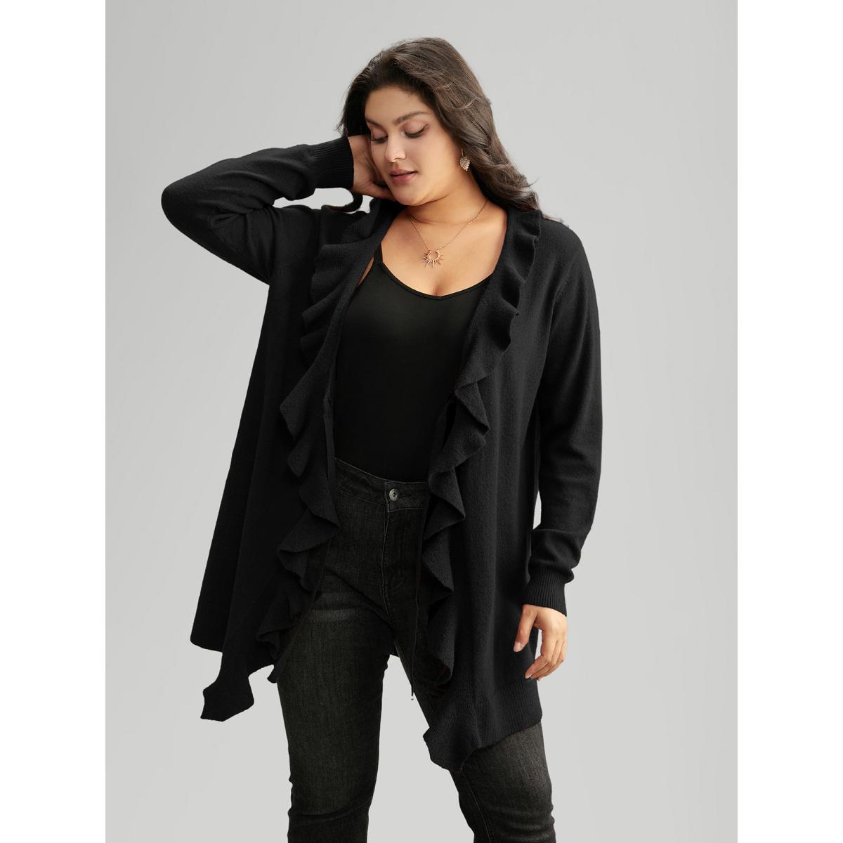 Plus Size Supersoft Essentials Solid Ruffle Trim Ties Cardigan Black Women Elegant Long Sleeve Everyday Cardigans BloomChic 14-16/1X Product Image