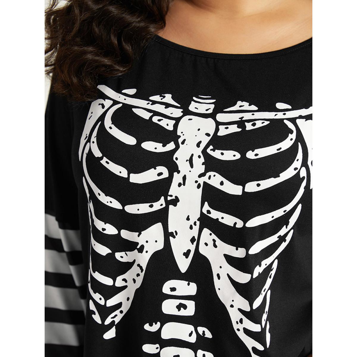Plus Size Halloween Striped & Skull Print Patchwork T-shirt Black Women Casual Printed Halloween Festival-Halloween T-shirts BloomChic 28/5X Product Image