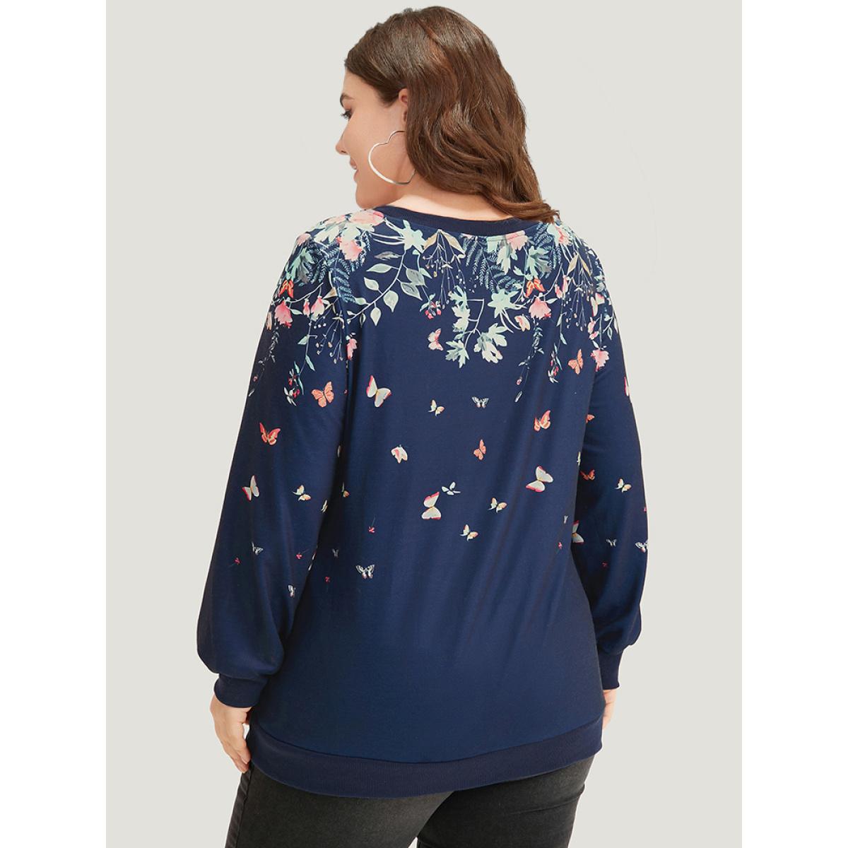 Plus Size Boho Print Elastic Cuffs Round Neck Sweatshirt Women Blue Elegant Elastic cuffs Round Neck Dailywear Sweatshirts BloomChic 30/6X Product Image