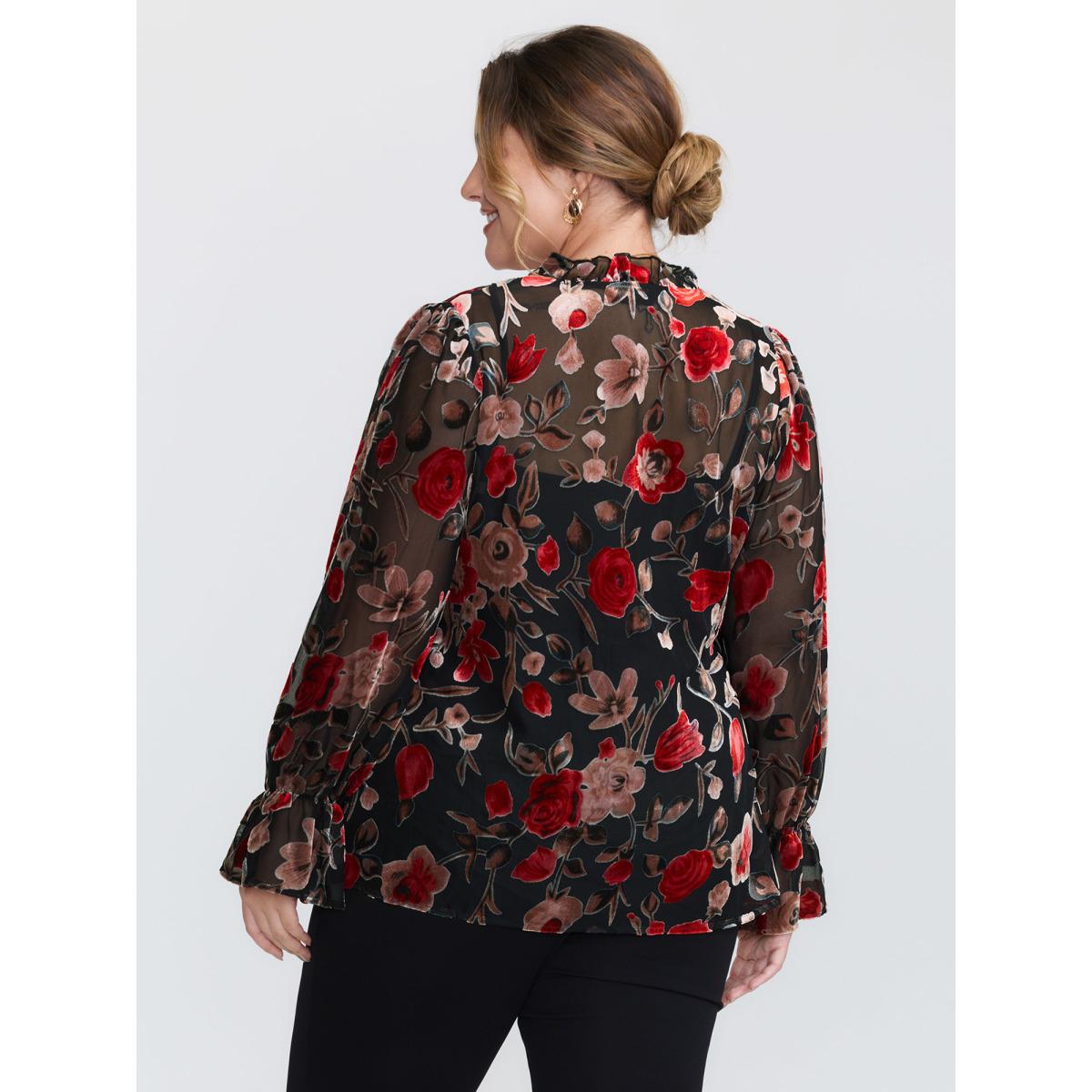 Plus Size Black Flock Floral Ruffled Cuff Blouse Women Romantic Extra Long Sleeve Deep V-neck Elegant Blouses BloomChic 12/L Product Image