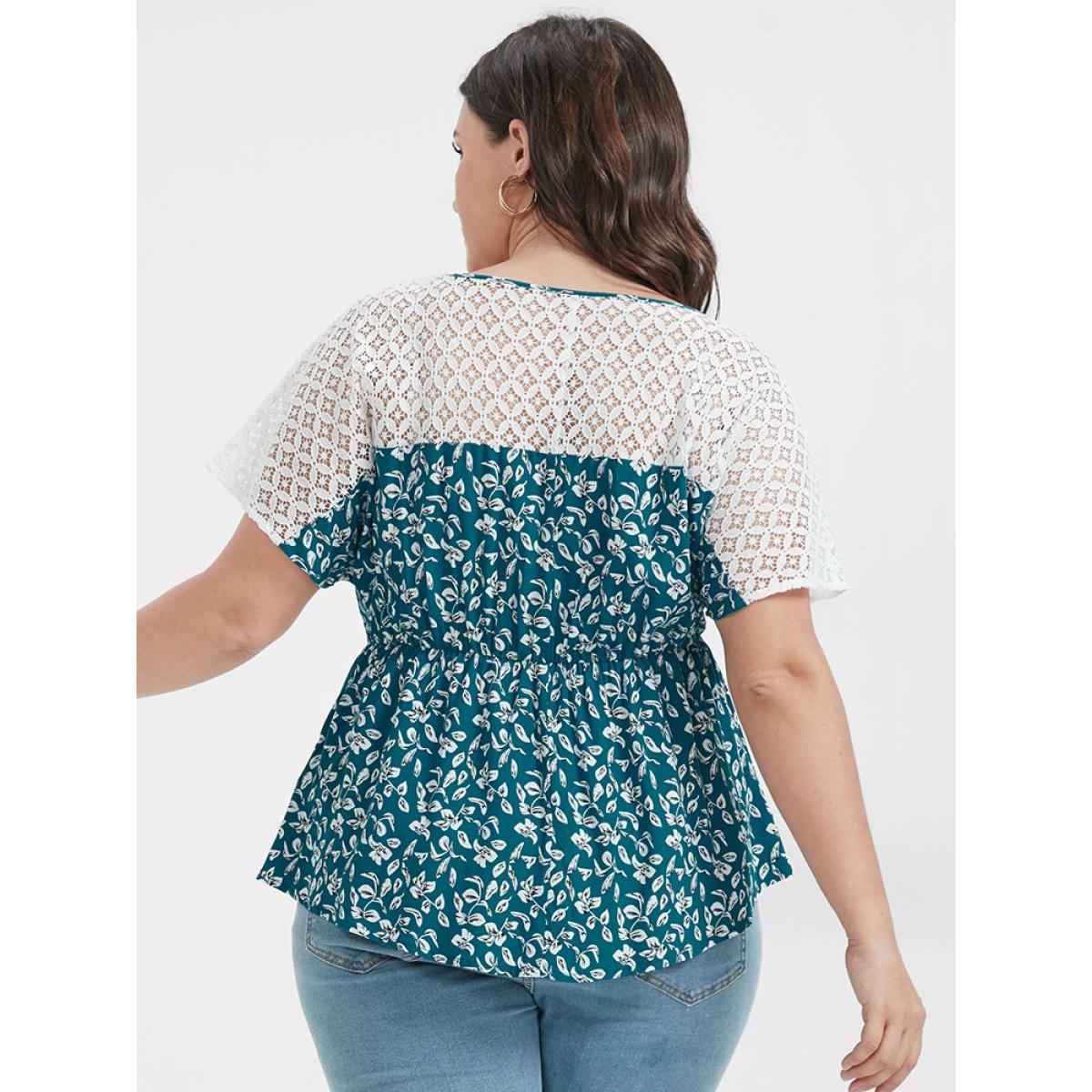 Plus Size Teal Ditsy Floral Ruffles Raglan Sleeve Contrast Lace Blouse Women Elegant Short sleeve V-neck Dailywear Blouses BloomChic 22-24/3X Product Image