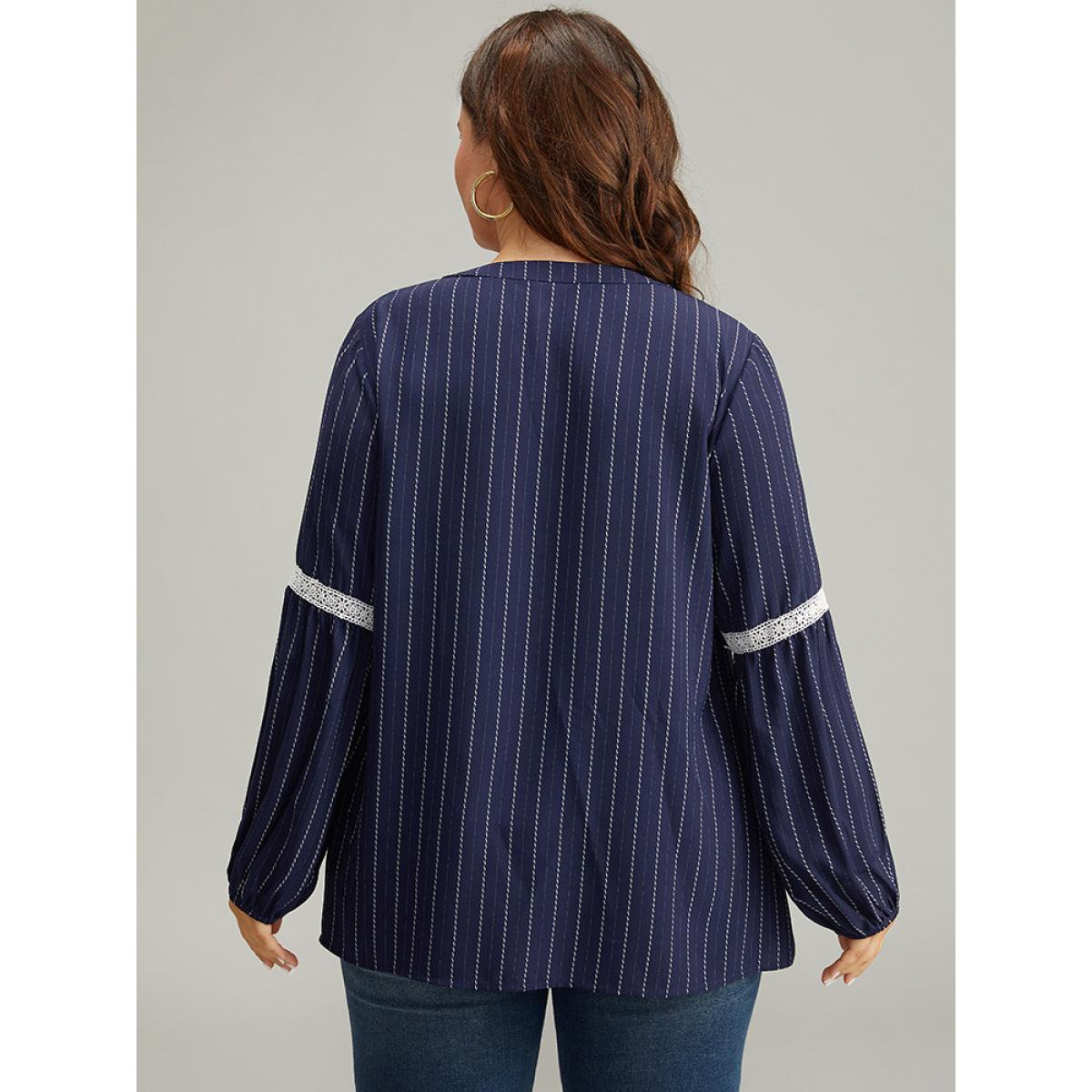 Plus Size Indigo Striped Guipure Lace Notched Lantern Sleeve Blouse Women Office Long Sleeve Notched collar Work Blouses BloomChic 30/6X Product Image