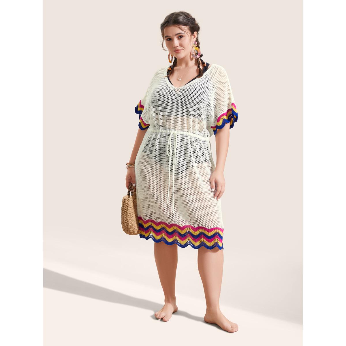 Plus Size Deep V Neck Contrast Striped Drawstring Swim Cover Up Women's Swimwear Ivory Beach Loose Texture Curve Swim Cover Ups BloomChic 22-24/3X Product Image