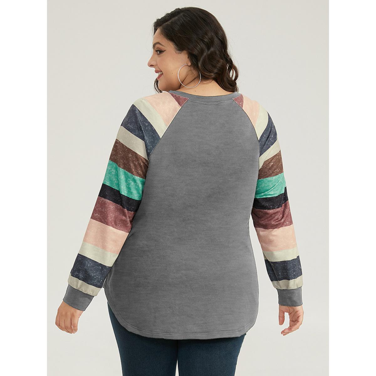 Plus Size Striped Patchwork Contrast Raglan Sleeve Sweatshirt Women Gray Casual Contrast Round Neck Dailywear Sweatshirts BloomChic 18-20/2X Product Image