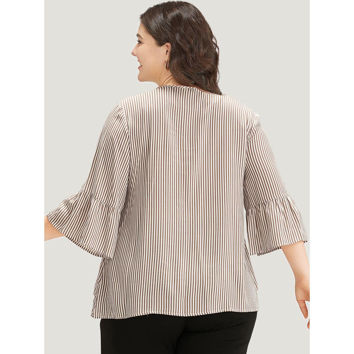 Plus Size Multicolor Striped Button Up Ruffles Bell Sleeve Blouse Women Office Elbow-length sleeve V-neck Office Blouses BloomChic 28/5X Product Image