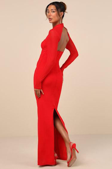 Sensational Appeal Red Mesh Cutout Long Sleeve Maxi Dress Product Image