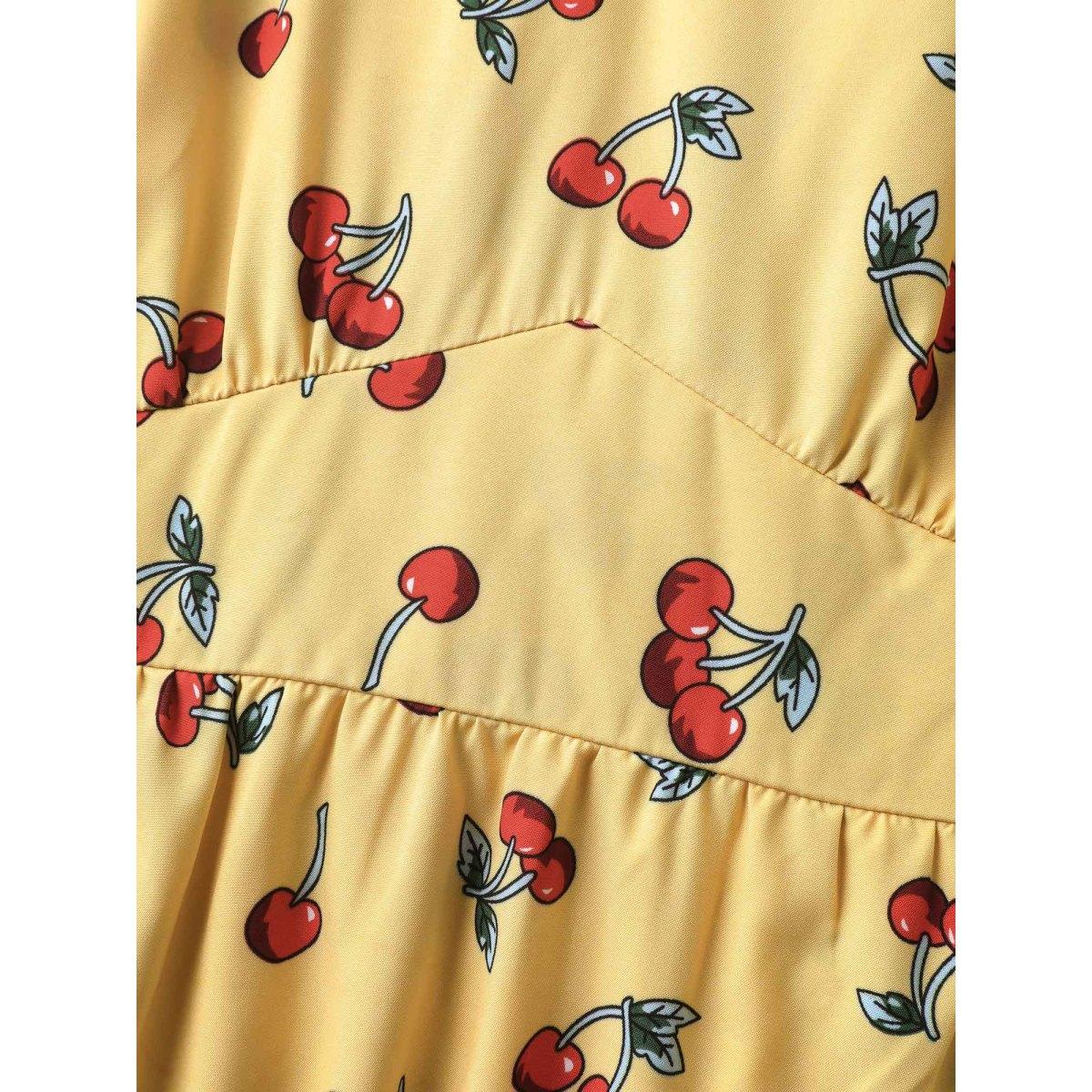 Plus Size Cherry Print Stretchy Cinched-Waist Midi Dress Lemonyellow Women Timeless V-neck Short sleeve Curvy BloomChic 28/5X Product Image