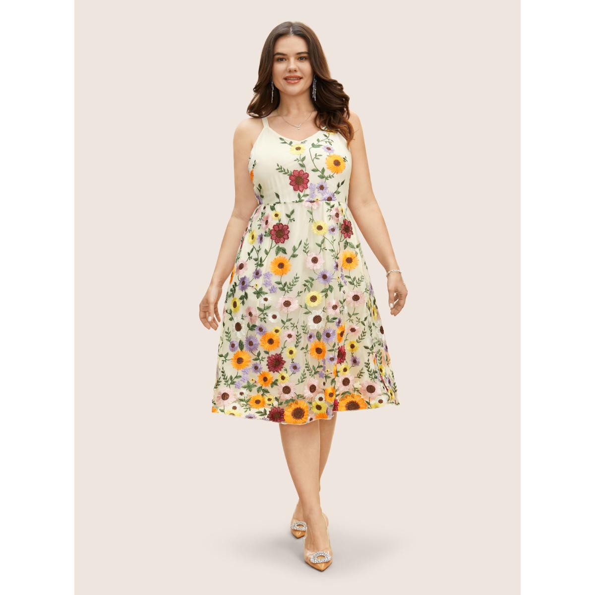 Plus Size V Neck Floral Embroidered Mesh Cami Dress Ivory Women Formal Embroidered V-neck Sleeveless Curvy BloomChic 22-24/3X Product Image