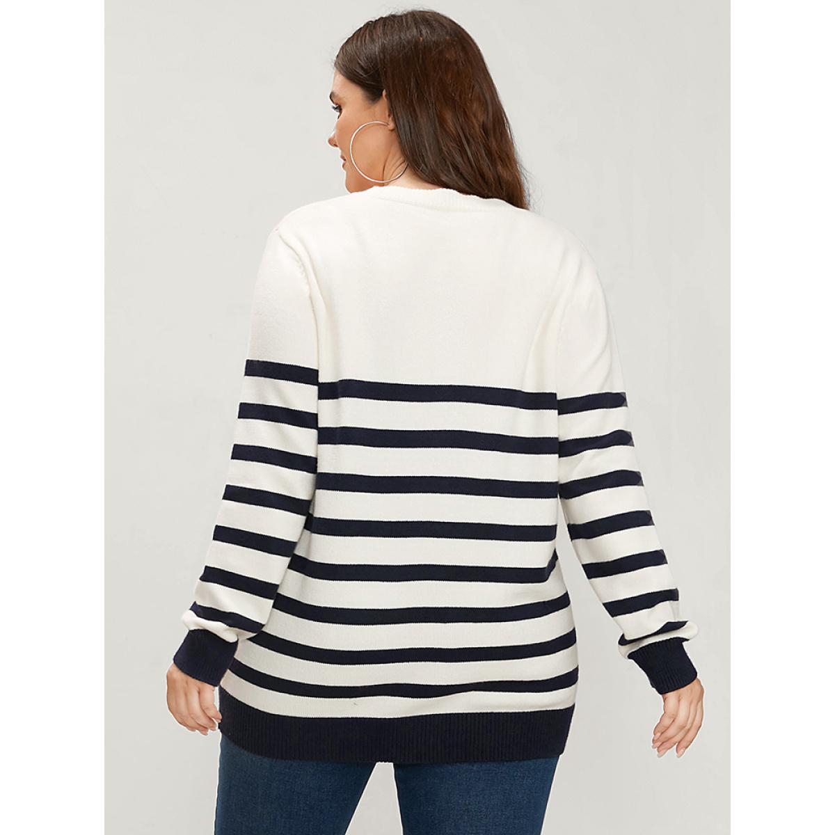 Plus Size Striped Pointelle Knit V Neck Contrast Loose Knit Top White Women Casual Loose Long Sleeve V-neck Dailywear Pullovers BloomChic 10/M Product Image