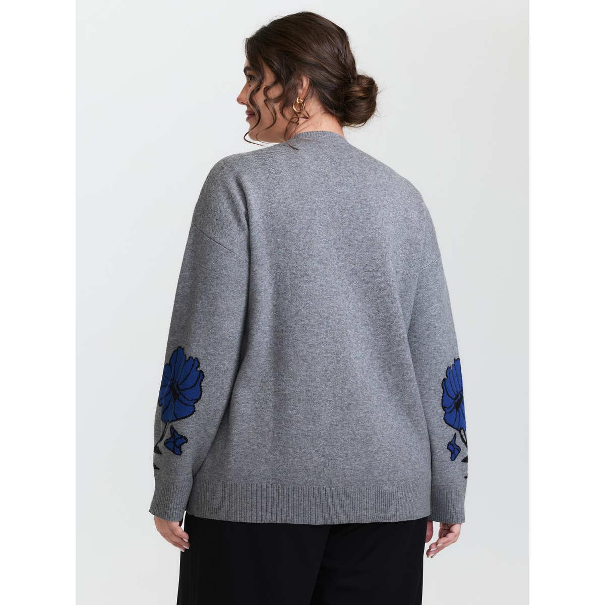 Plus Size Supersoft Floral Round Neck Pullover Mediumgray Women Timeless Loose Long Sleeve Round Neck Elegant Pullovers BloomChic 22-24/3X Product Image
