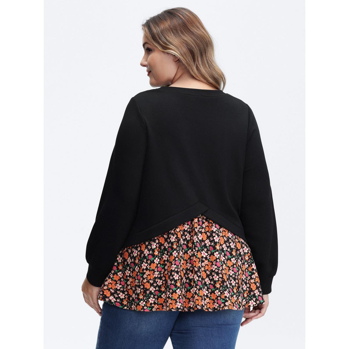 Plus Size Supersoft Floral Spliced Layered Sweatshirt Women Black Leisure Contrast Round Neck Casual Sweatshirts BloomChic 26/4X Product Image