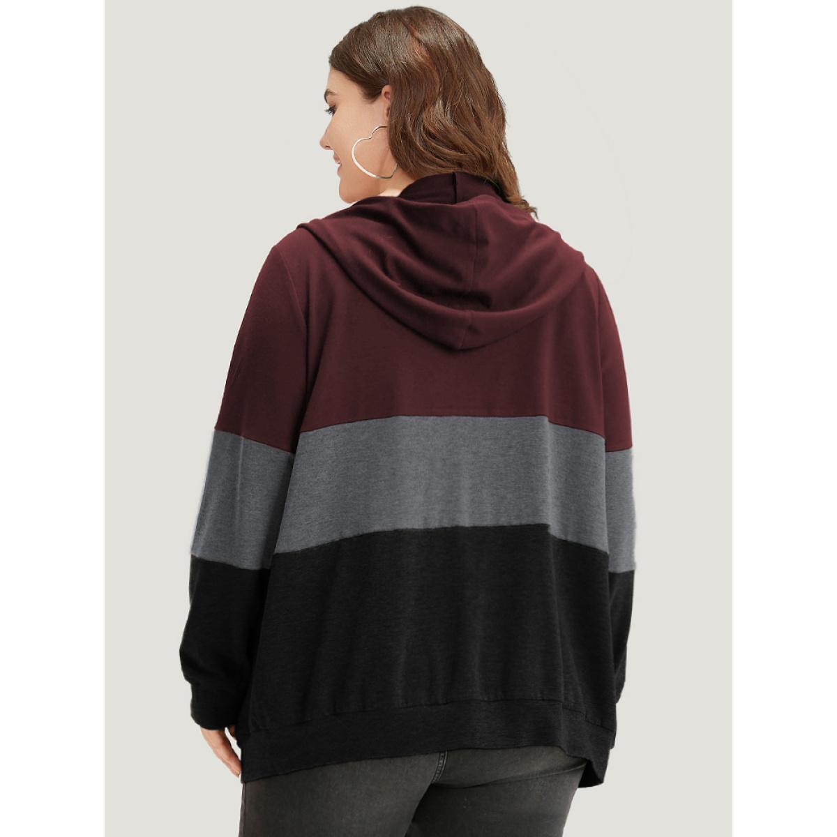 Plus Size Colorblock Contrast Drawstring Zipper Hooded Sweatshirt Women Burgundy Casual Contrast Hooded Everyday Sweatshirts BloomChic 22-24/3X Product Image