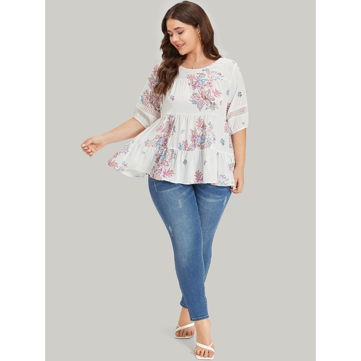 Plus Size White Floral Print Patchwork Ruffle Layered Hem Lantern Sleeve Blouse Women Elegant Half Sleeve Round Neck Dailywear Blouses BloomChic 30/6X Product Image