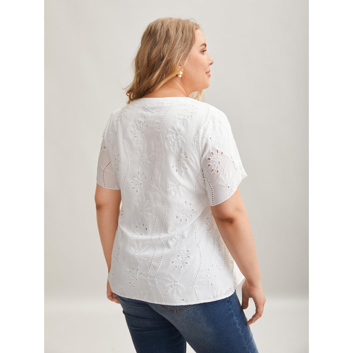 Plus Size Originalwhite Embroidered Petal Sleeve Sheer Shirt Women Elegant Short sleeve Notched collar Everyday Blouses BloomChic 22-24/3X Product Image