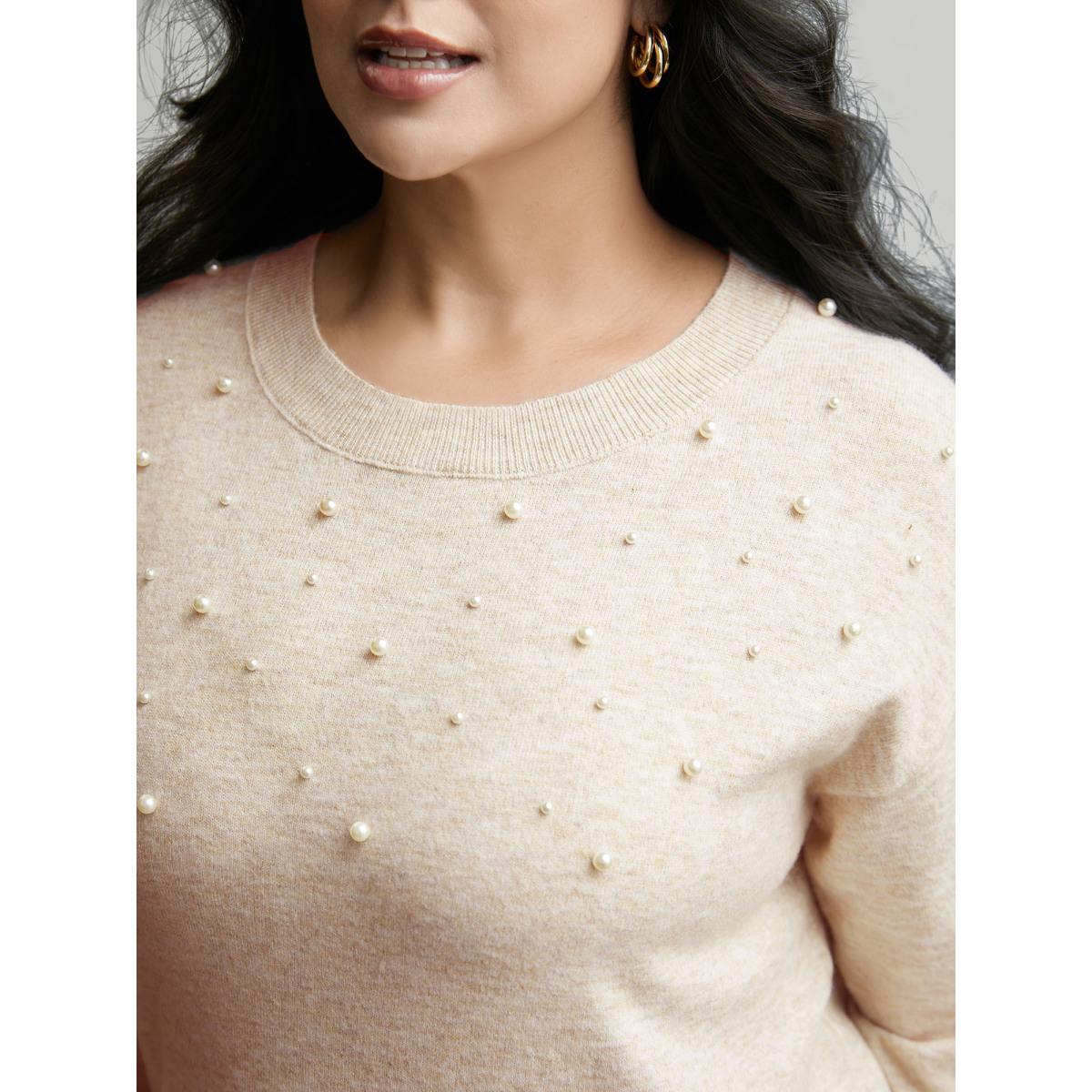 Plus Size Round Neck Pearl Beaded Pullover Apricot Women Leisure Long Sleeve Round Neck Casual Pullovers BloomChic 22-24/3X Product Image