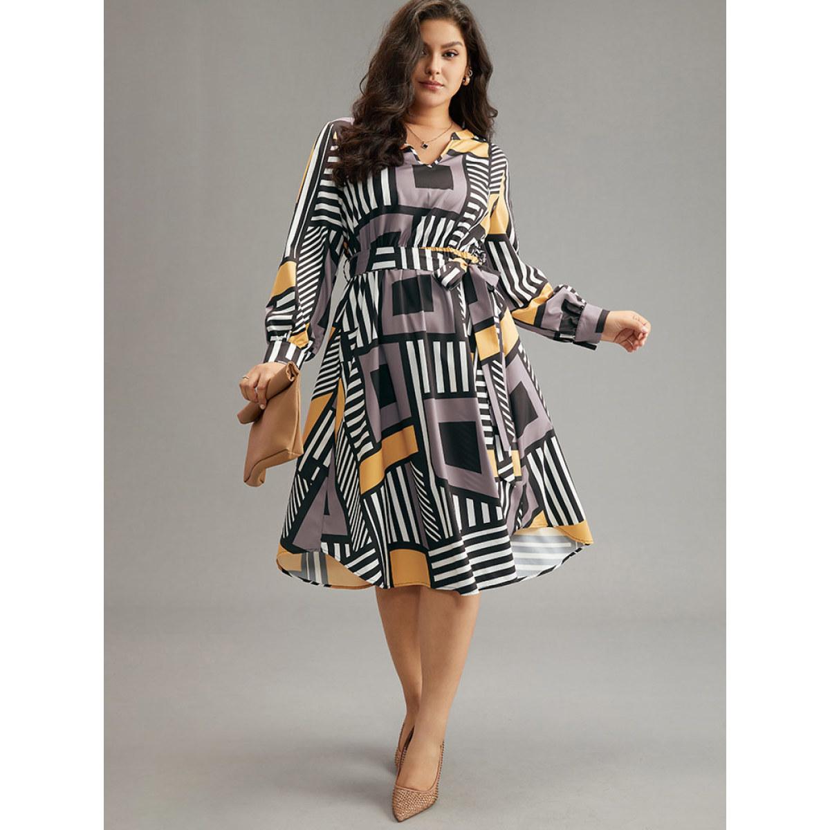 Plus Size Colorblock Geometric Notched Elastic Waist Arc Hem Dress Multicolor Women Office Printed Notched collar Long Sleeve Curvy Midi Dress BloomChic 14-16/1X Product Image