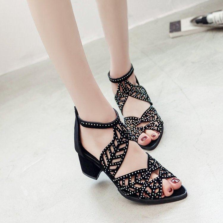 Rhinestone Faux Leather Block Heel Sandals Product Image