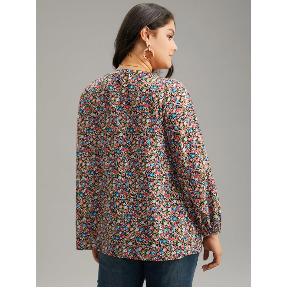 Plus Size BlackFlower Ditsy Floral Notched Frill Trim Blouse Women Elegant Long Sleeve Notched collar Dailywear Blouses BloomChic 14-16/1X Product Image