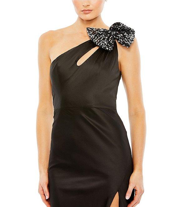 Mac Duggal One Shoulder Sequin Bow Cut Out Back Satin Trumpet Gown Product Image