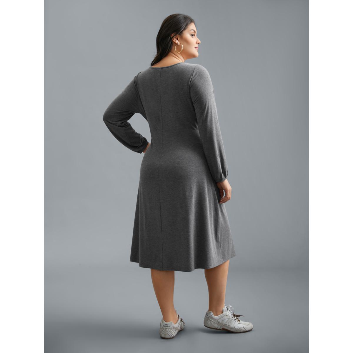 Plus Size Stretchy Waist-Tie Plain Knit Dress DimGray Women Casual Tie knot Knit Dresses Bloomchic 22-24/3X Product Image
