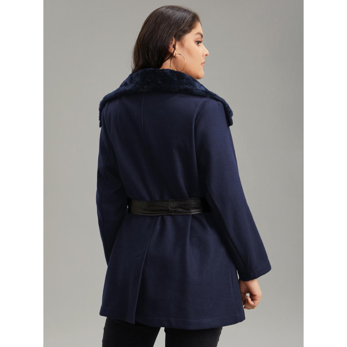 Plus Size Solid Zipper Belted PU Leather Knot Fuzzy Trim Coat Women Indigo Casual Plain Ladies Dailywear Winter Coats BloomChic 22-24/3X Product Image
