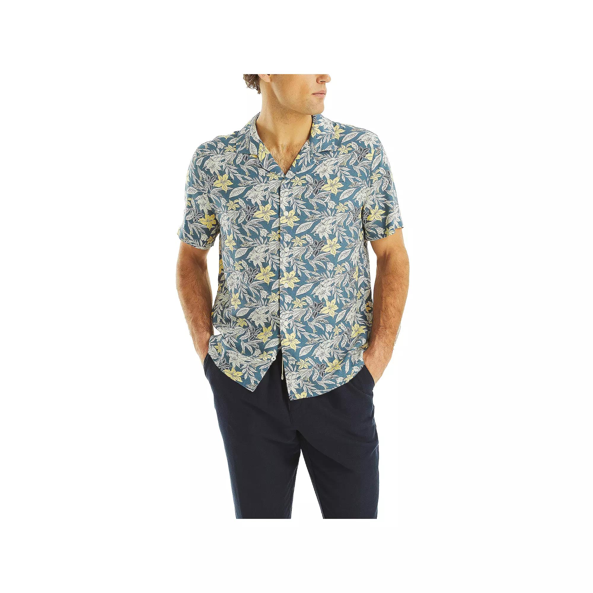 Men's Nautica Short Sleeve Printed Linen Button-Down Camp Shirt, Size: Medium, Blue Product Image