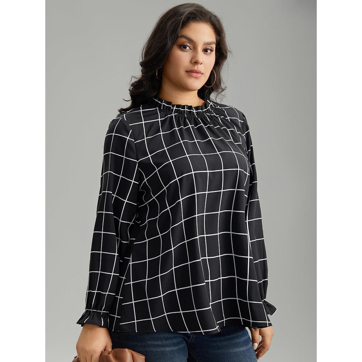 Plus Size Black Plaid Stand Collar Ruffles Lantern Sleeve Blouse Women Office Long Sleeve Stand-up collar Office Blouses BloomChic 14-16/1X Product Image