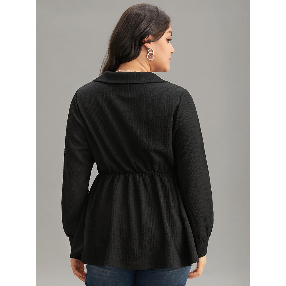 Plus Size Black Plain Wrap Elastic Waist Texture Jacquard Blouse Women Office Long Sleeve Overlap Collar Office Blouses BloomChic 28/5X Product Image