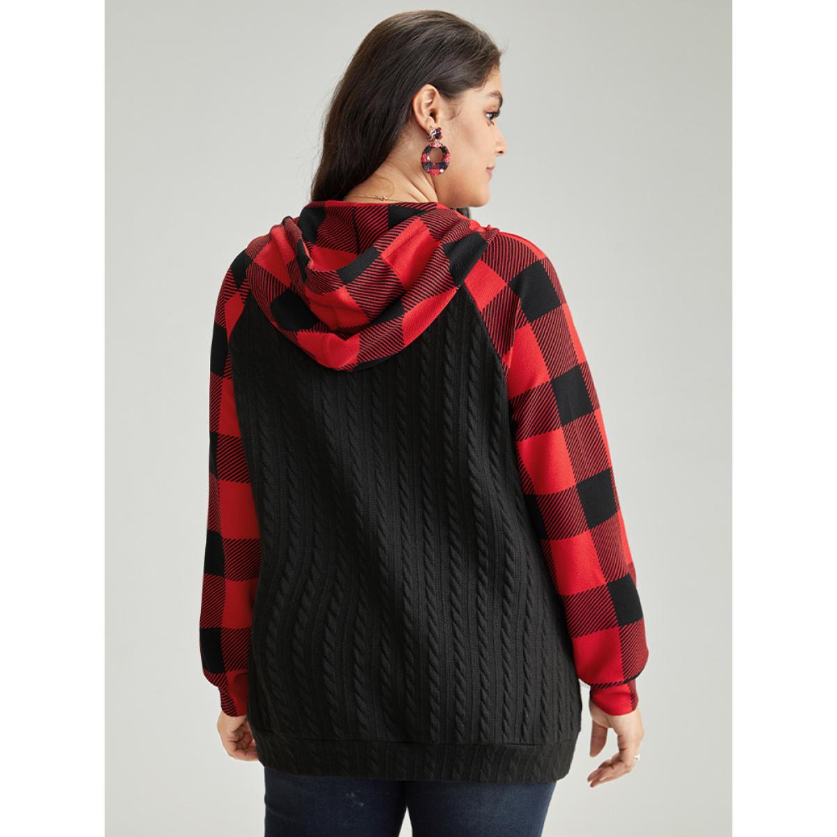 Plus Size Plaid Texture Contrast Hooded Raglan Sleeve Sweatshirt Women Black Casual Texture Hooded Festival-Christmas Sweatshirts BloomChic 30/6X Product Image