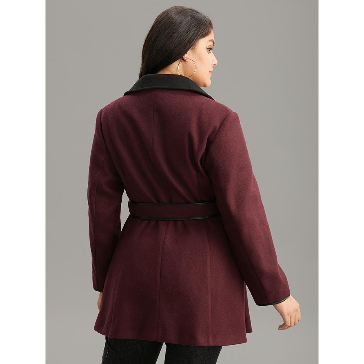 Plus Size Lapel Collar Contrast Patchwork Zipper Belted Coat Women Burgundy Casual Lined Ladies Dailywear Winter Coats BloomChic 18-20/2X Product Image