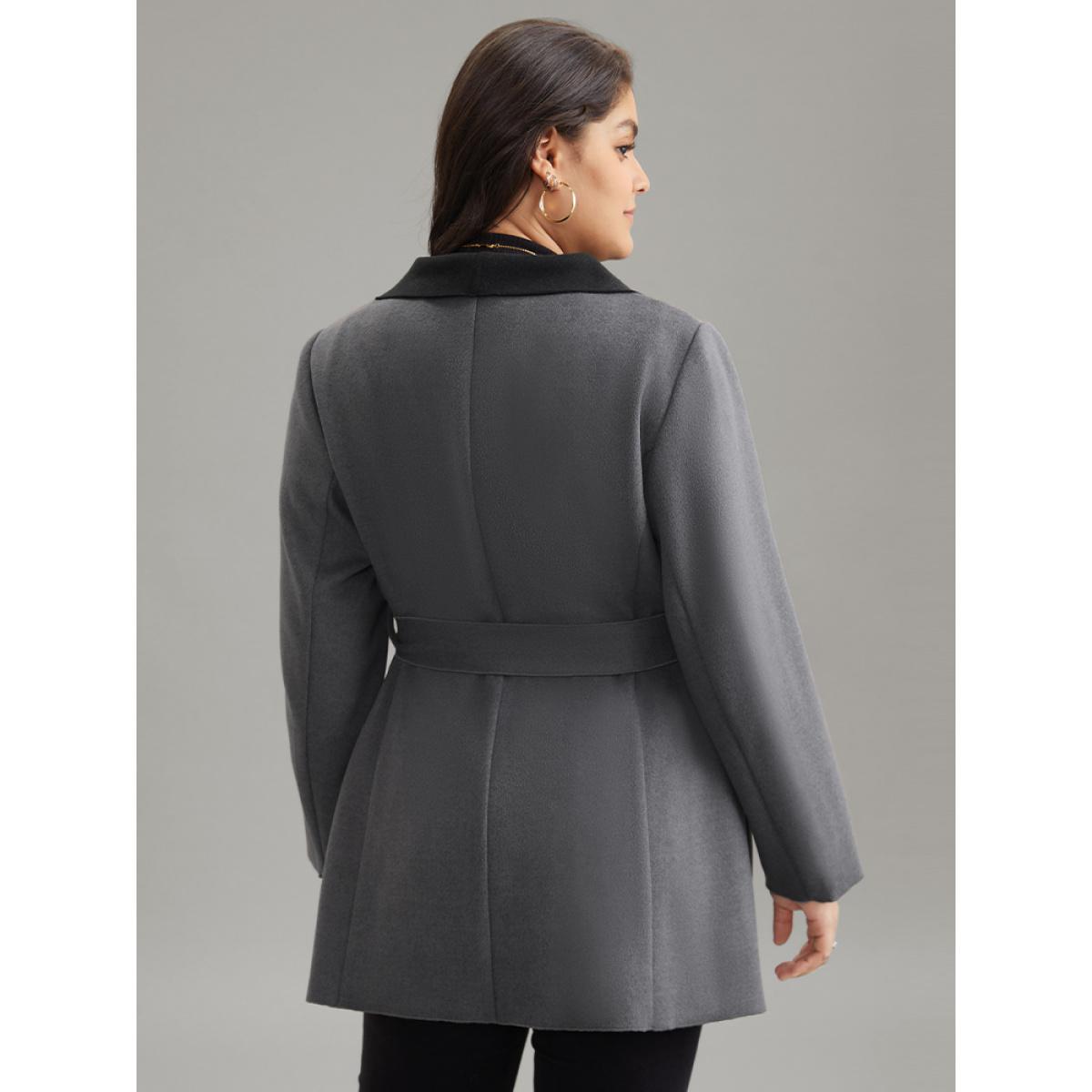 Plus Size Lapel Collar Contrast Belted Coat Women Gray Elegant Belted Ladies Everyday Winter Coats BloomChic 28/5X Product Image