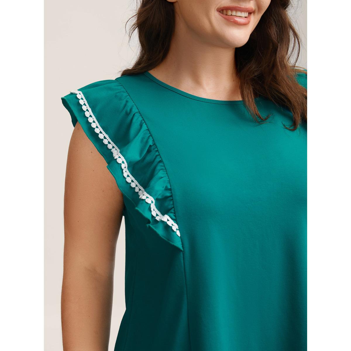 Plus Size Color Contrast Lace Flutter Sleeve Sleeveless Top Women Teal Woven ribbon&lace trim Round Neck Everyday-Casual Tank Tops Camis BloomChic 12/L Product Image