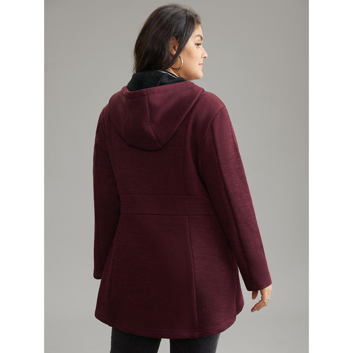 Plus Size Patchwork Contrast Zipper Drawstring Fuzzy Trim Jacket Women Burgundy Contrast Pocket Dailywear Jackets BloomChic 10/M Product Image
