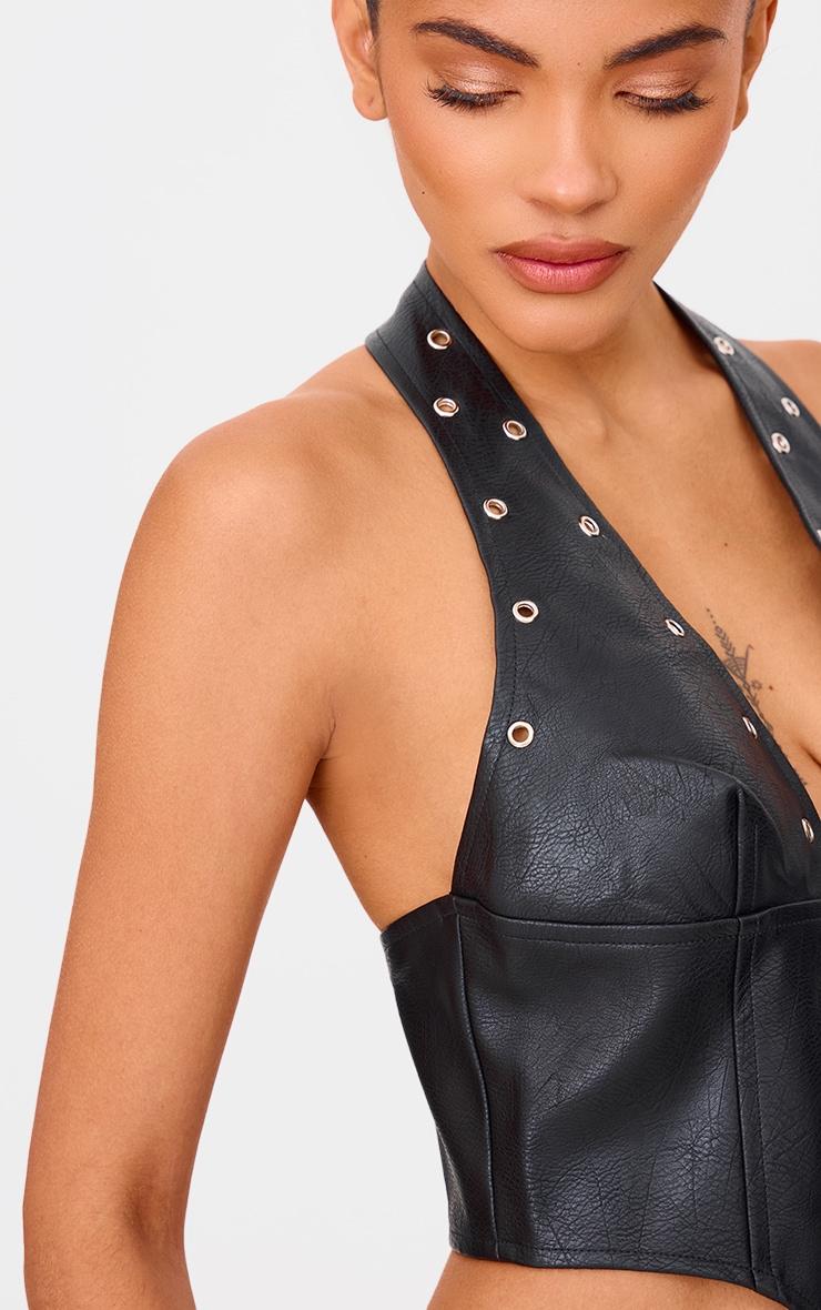 Black Faux Leather Studded Halter Neck Crop Top Product Image