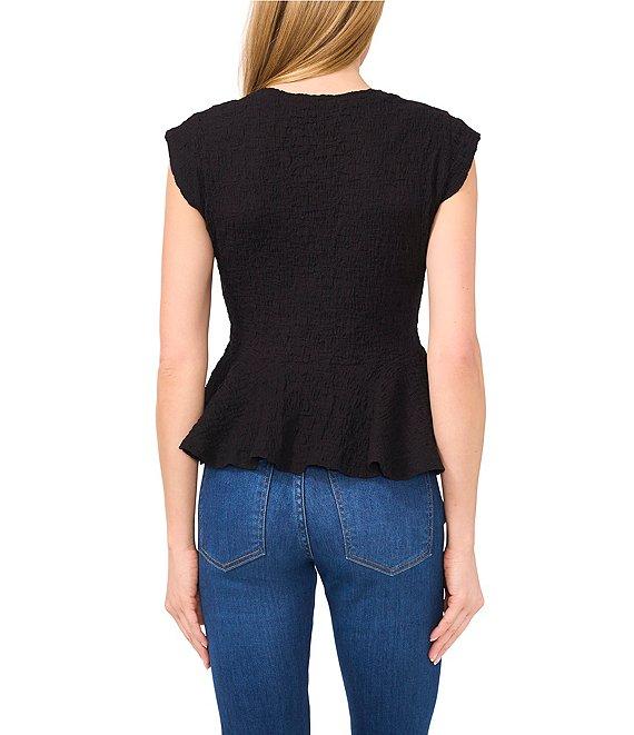 CeCe Puckered Knit V-Neck Cap Sleeve Peplum Top Product Image