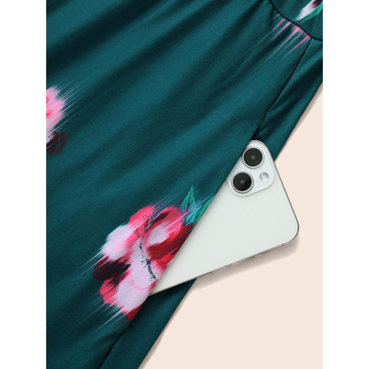 Plus Size Overlap Collar Floral Midi Dress Emerald Women Elegant Belted Overlap Collar Elbow-length sleeve Curvy BloomChic 26/4X Product Image