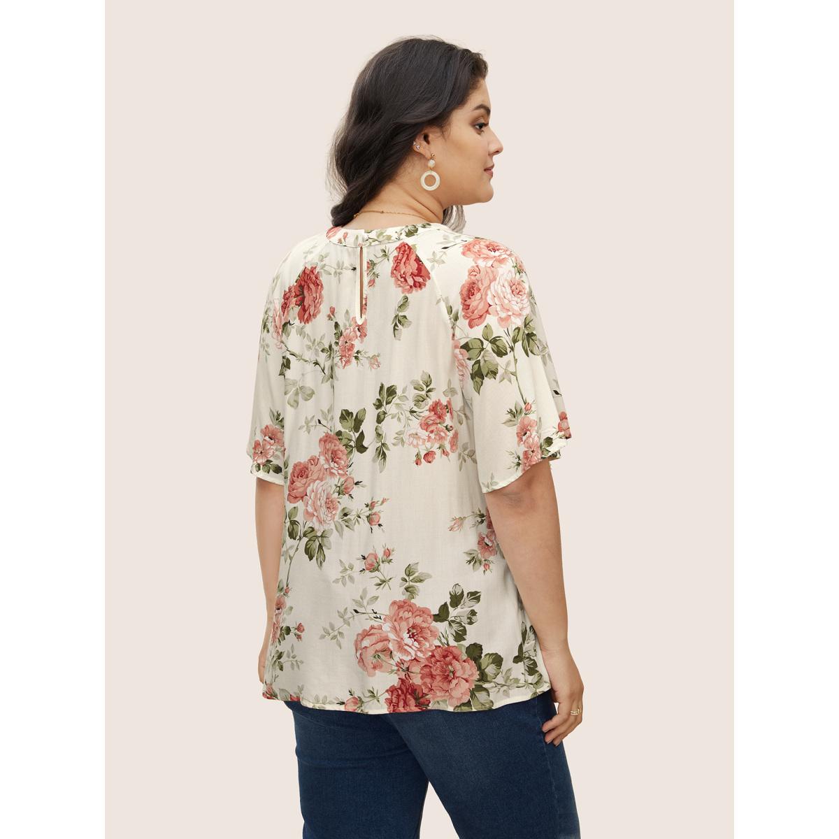 Plus Size Ivory Floral Print Keyhole Flutter Sleeve Blouse Women Elegant Short sleeve Round Neck Everyday Blouses BloomChic 22-24/3X Product Image