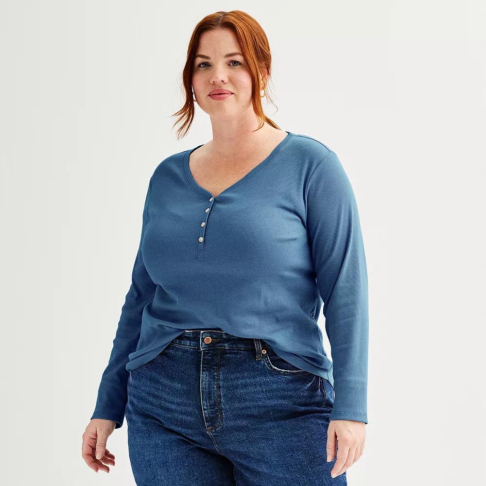 Plus Size Sonoma Goods For Life Ribbed Long Sleeve Henley, Womens Blue Flare Product Image