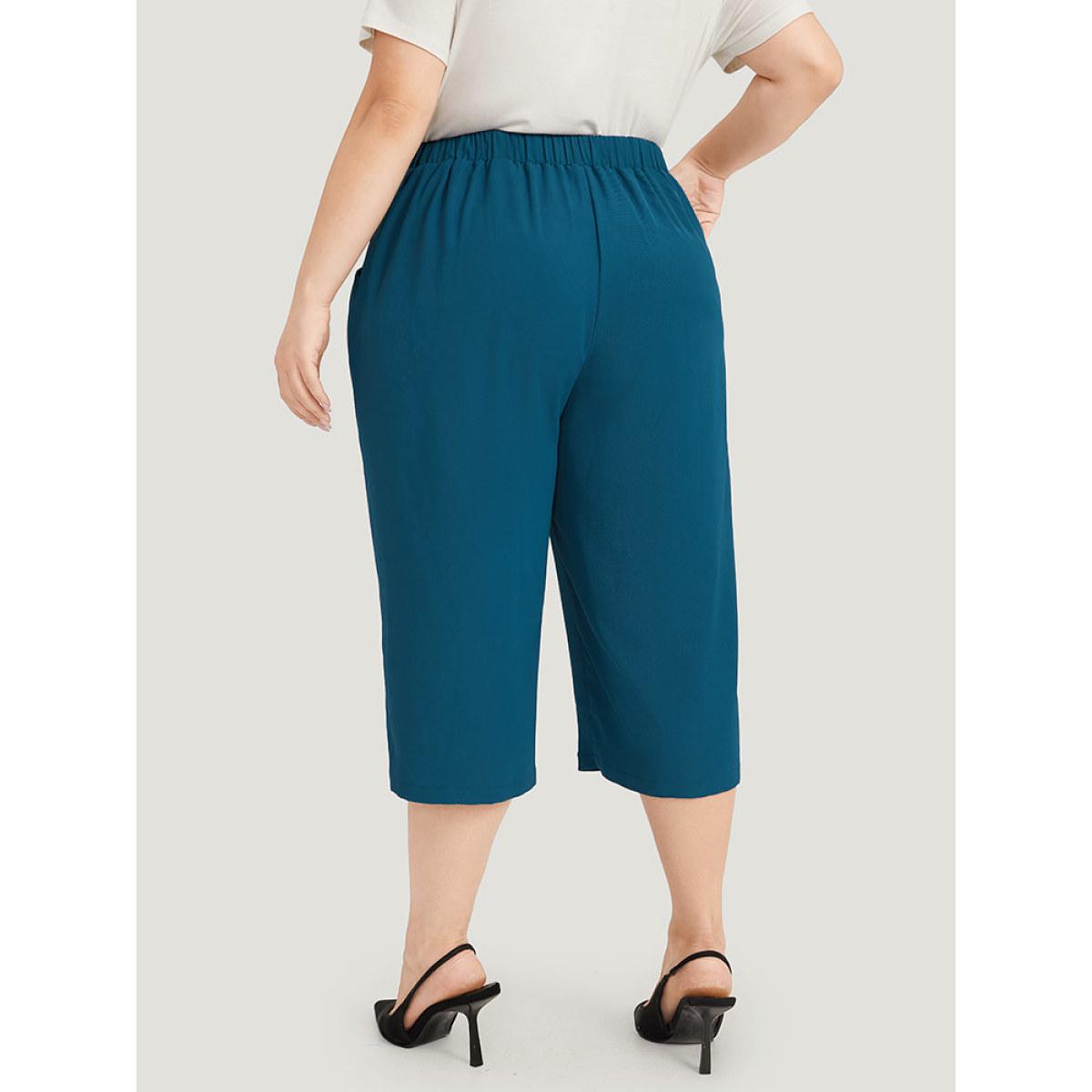 Plus Size Solid Pocket Elastic Waist Button Detail Pants Women Cyan Office Straight Leg Mid Rise Dailywear Pants BloomChic 30/6X Product Image