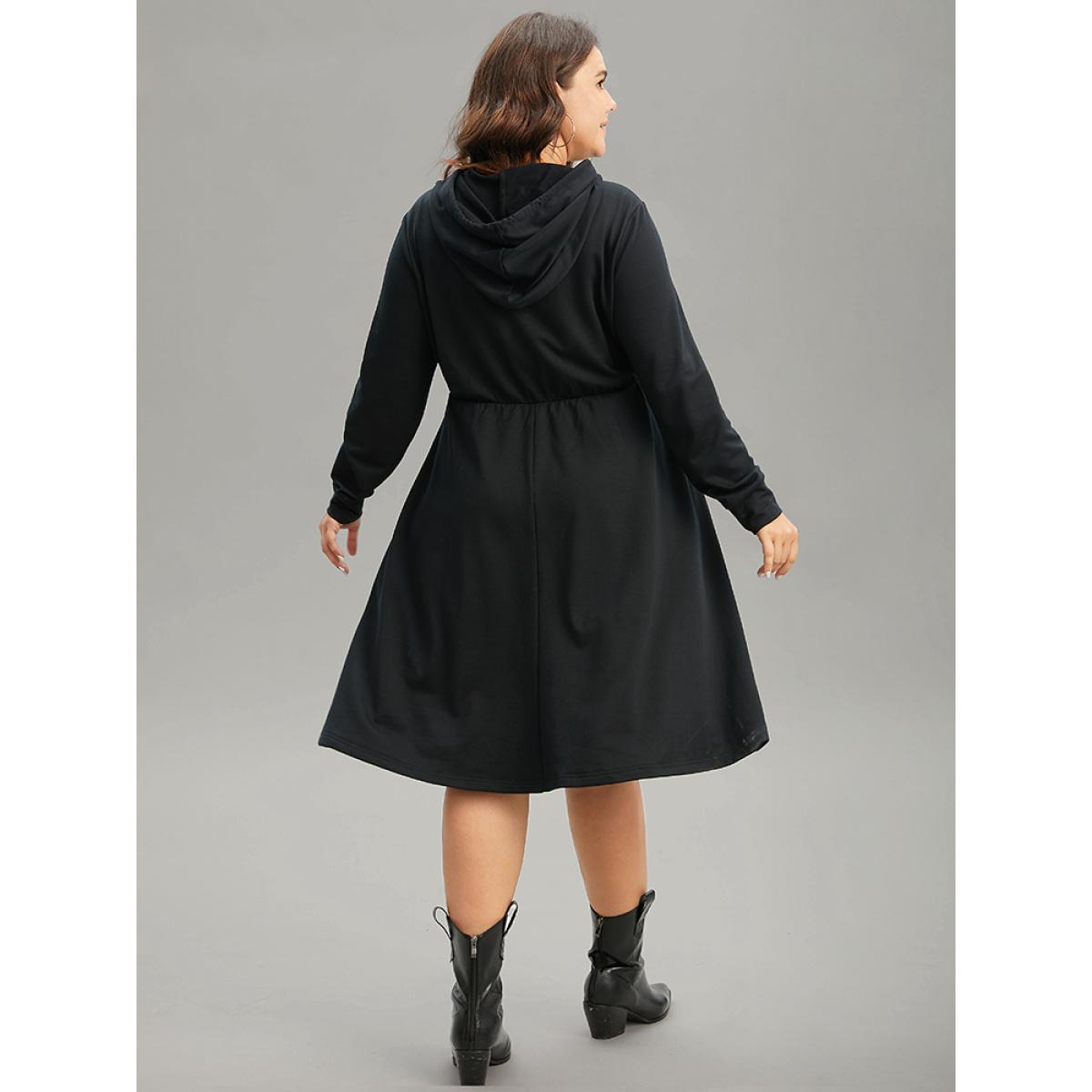 Plus Size Christmas Trees & Letter Hooded Drawstring Dress Black Women Casual Plain Curvy Midi Dress BloomChic 12/L Product Image