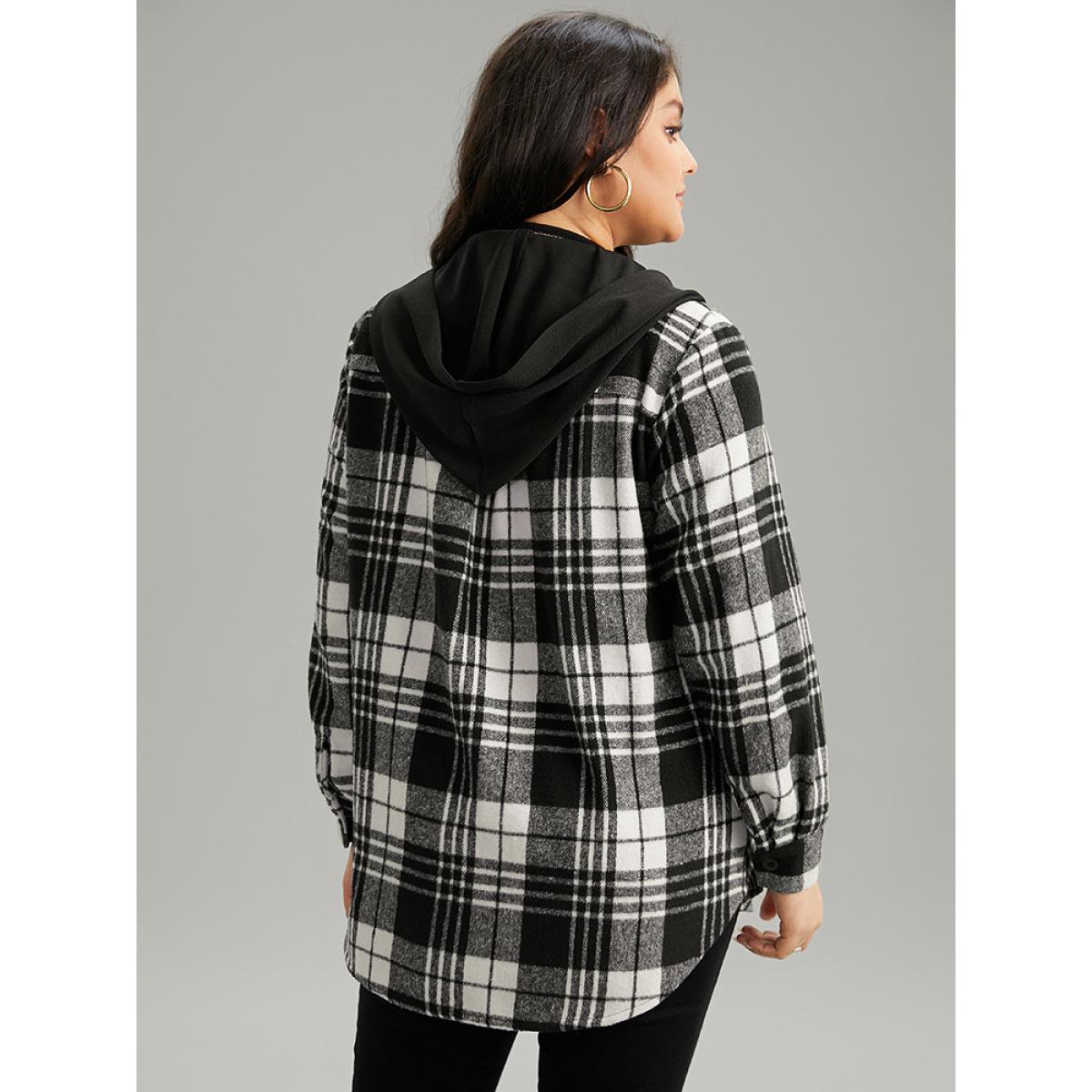 Plus Size Plaid Patchwork Zipper Contrast Hooded Jacket Women Black Contrast Pocket Everyday Jackets BloomChic 10/M Product Image
