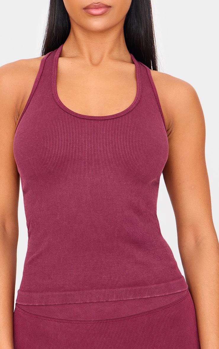 Deep Burgundy Acid Wash Seamless Rib Halter Neck Gym Top Product Image