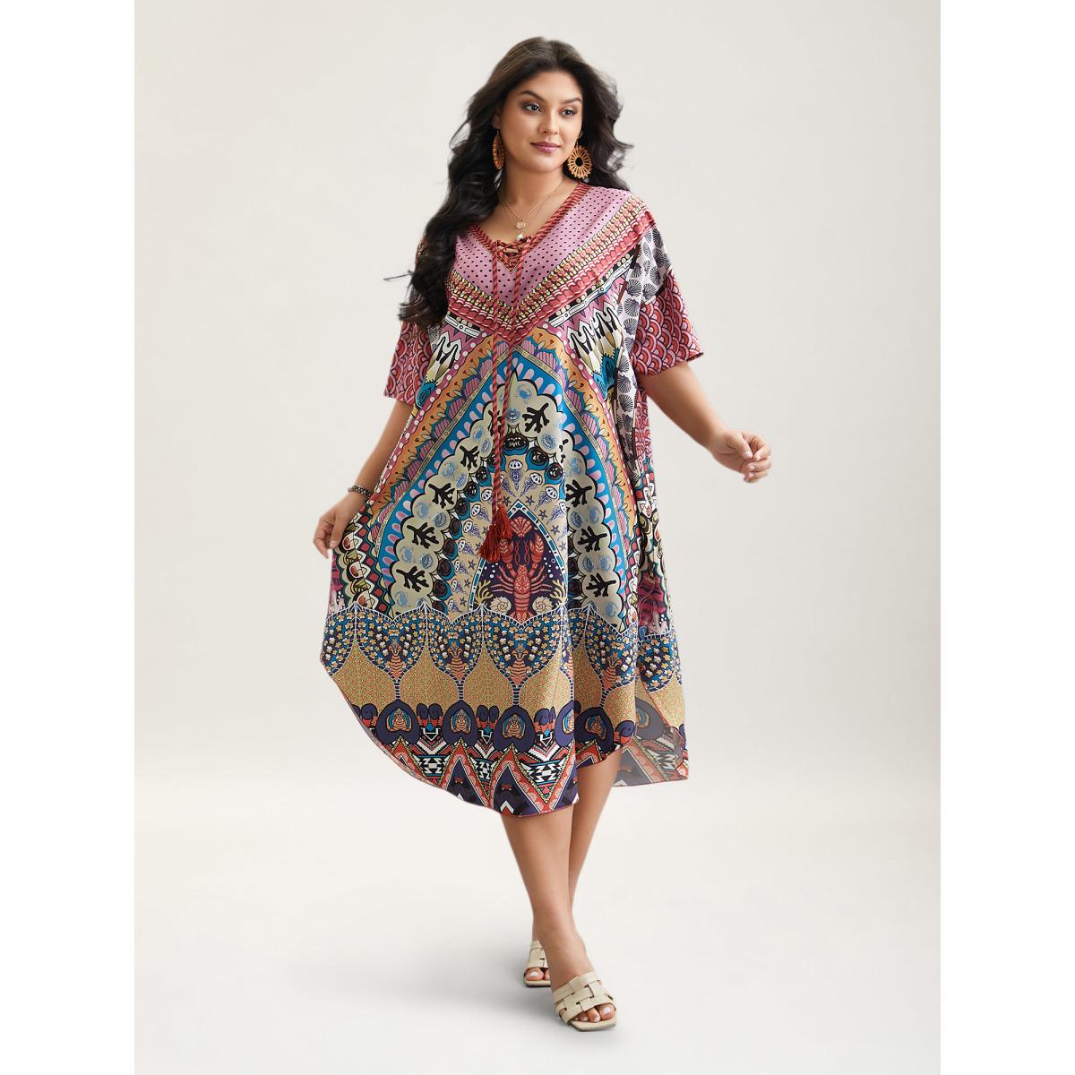 Plus Size Boho Print Ties Slit Curved Hem Midi Dress Cerulean Women Resort Wraparound straps V-neck Half Sleeve Curvy BloomChic 12/L Product Image