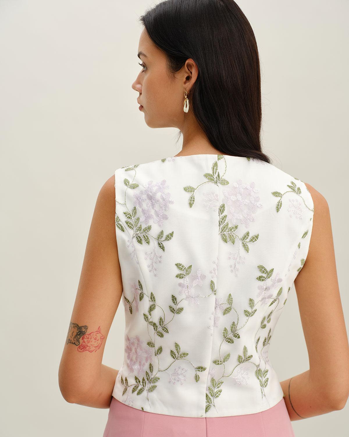 White Embroidery V Neck Button Vest Product Image