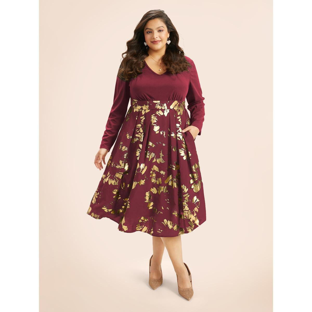 Plus Size Brush Glitter Pocket Patchwork Dress Burgundy Women Party Printed V-neck Long Sleeve Curvy Midi Dress BloomChic 18-20/2X Product Image