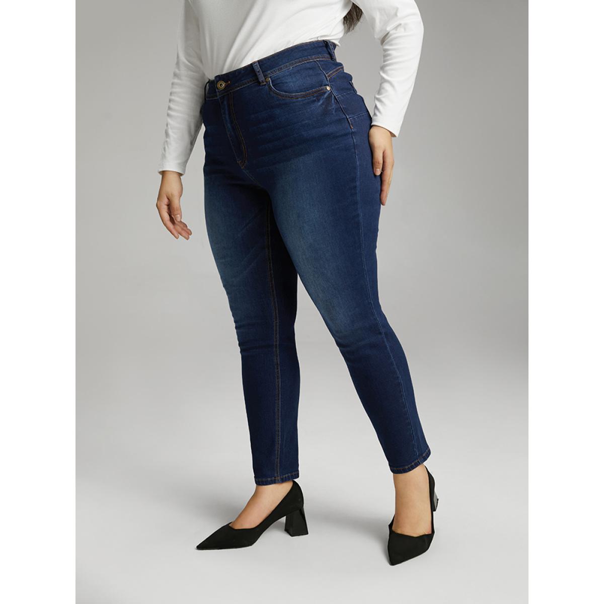 Plus Size Skinny Dark Wash Zipper Fly Jeans Women DarkBlue Casual Plain Plain High stretch Pocket Jeans BloomChic 10/M Product Image