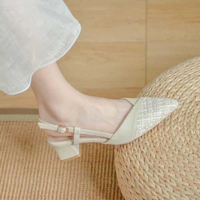 Pointed Toe Slingback Panel Tweed Block Heel Pumps Product Image
